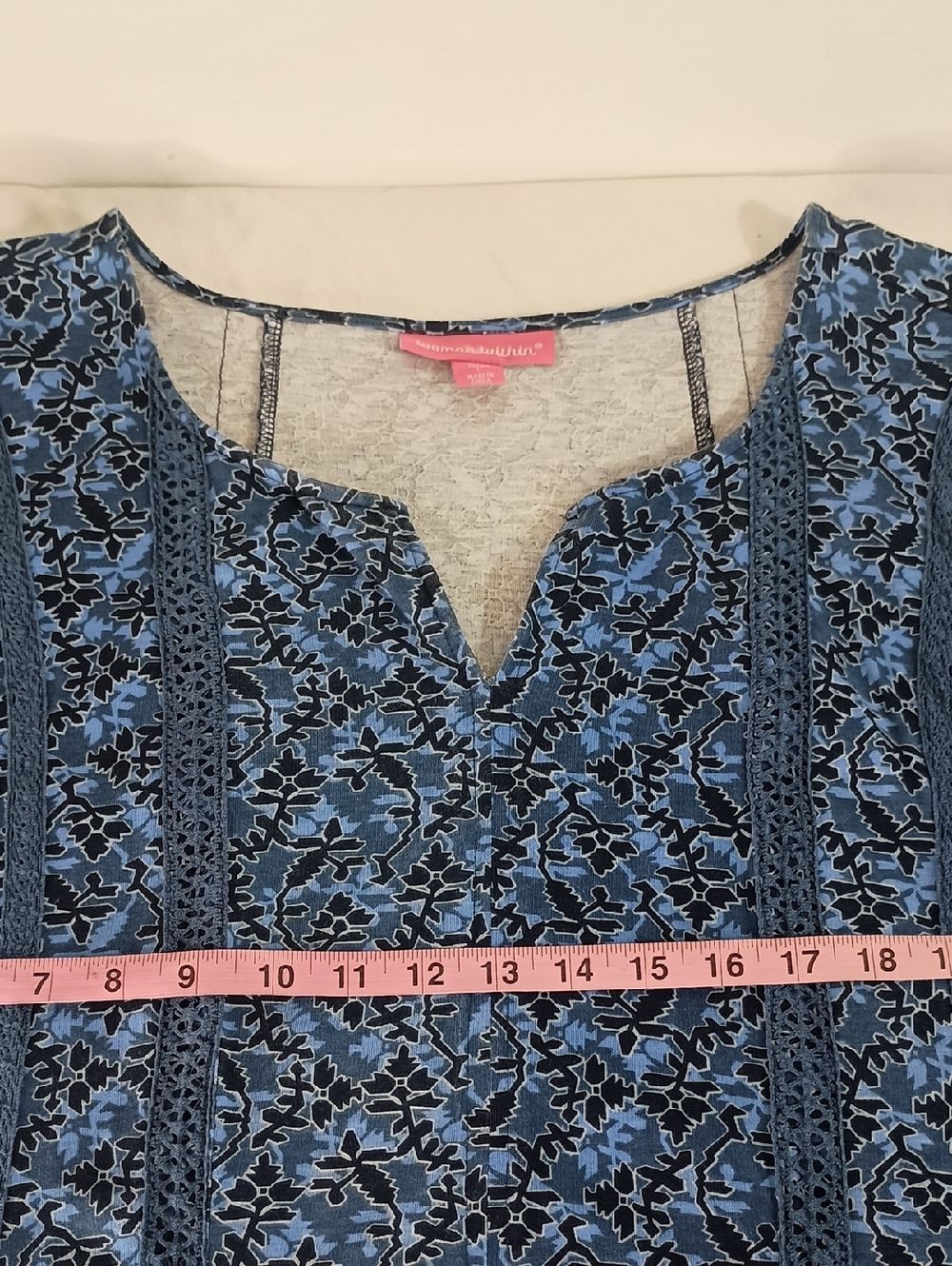 Women's Size Large Cotton Floral V-Neck Tunic dress Pockets Blue - Picture 5 of 10